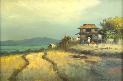 an oil painting of a house on a hill overlooking a body of water