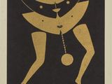 an image of a black and gold drawing of a woman with a clock