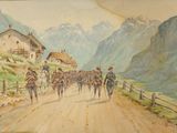 tableau représentant un groupe de soldats marchant sur une route devant une chaîne de montagnes