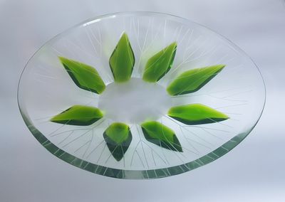 a glass plate with a green leaf design on it