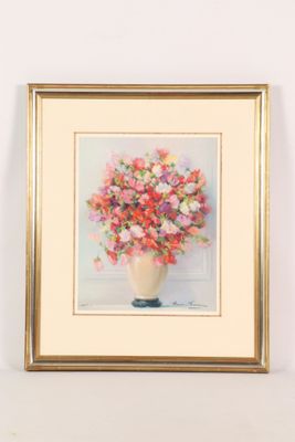 painting of a vase of flowers on a shelf in a white room
