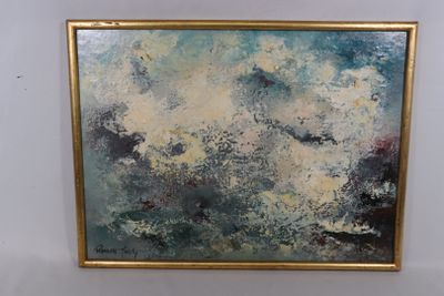 abstract painting in gold frame on white wall with blue and white clouds