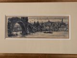 framed drawing of a view of a city with a bridge