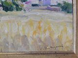 an oil painting of a field with a house in the distance
