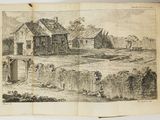 an old book with a drawing of a farm and a house