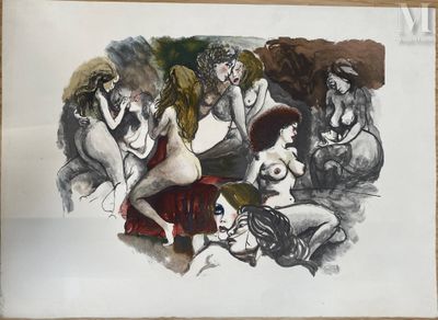 drawing of a group of naked women sitting on a couch