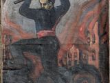 une vieille peinture représentant un homme tenant un marteau au sommet d'un tas de gravats
