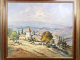 a painting of a landscape with a church in the distance
