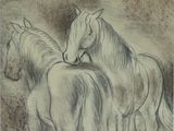 dessin représentant un groupe de chevaux rassemblés dans un champ