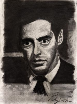 drawing of a black and white portrait of a man in a suit and tie