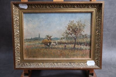 une peinture à l'huile représentant une calèche tirée par des chevaux dans un champ
