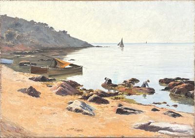 a painting of a boat on the beach by the water