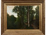 a painting of a wooded landscape with trees and a path