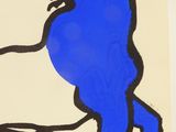 painting of a blue horse on a white background with a red ball