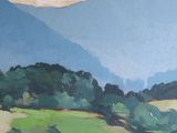 an oil painting of a green field with trees and mountains in the background