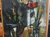 painting of flowers in vases on a table next to a painting of a vase