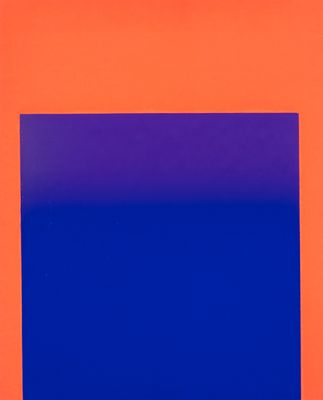 an orange and blue square on a red background