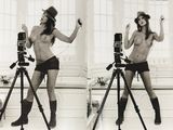 two black and white photos of a woman posing with a camera