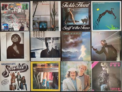 de nombreuses pochettes d'albums sur le mur de cette pièce