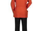 an image of a mannequin dressed in an orange jacket and black pants