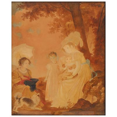 une image représentant un tableau d'une famille dans un décor boisé