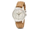 une photo d'une montre-bracelet avec un cadran blanc et un bracelet en cuir marron