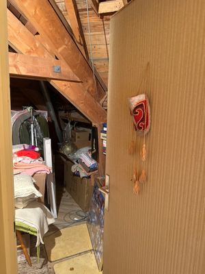 une boîte en carton sur laquelle est représenté un masque, dans une pièce