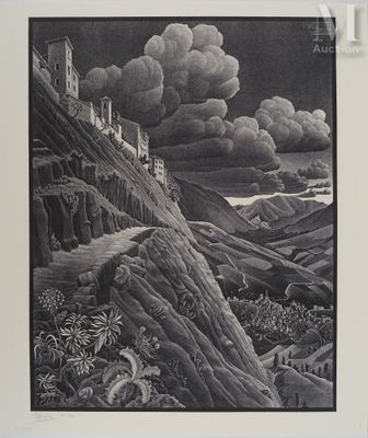 une image représentant un dessin en noir et blanc d'un paysage de montagne