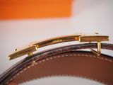 the brown leather belt has a gold buckle on it