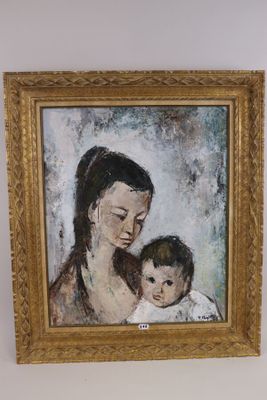 an oil painting of a woman holding a baby in her arms