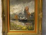 an oil painting of a boat on a river with a castle in the background
