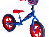 vélo d'équilibre Spider-Man avec des roues rouges et une selle bleue