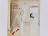 painting of a room with a piano and a statue in it