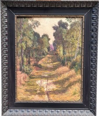 an oil painting of a path in the woods with a house in the distance