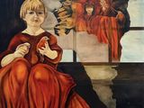 a painting of a woman in a red dress sitting in front of a window
