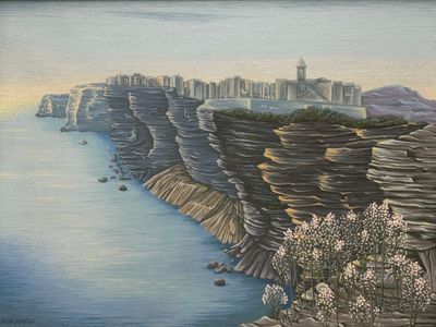 un tableau représentant une vue de la ville depuis une falaise