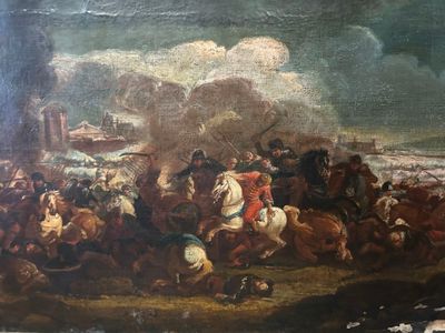 une image représentant un tableau d'une bataille militaire avec des hommes à cheval
