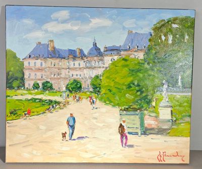 tableau représentant un couple promenant son chien dans un parc, avec un château en arrière-plan