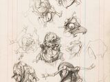 sketches of a group of people riding horses on a sheet of paper
