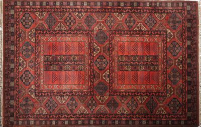 a red and black rug on a white background