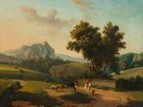 peinture représentant un paysage rural avec du bétail et des personnages sur un chemin de terre