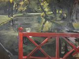 un tableau représentant un pont rouge enjambant une rivière