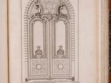 an open book with a drawing of a double door and a window