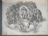an old drawing of a group of men standing in front of a group of men