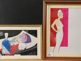 deux photos encadrées représentant une femme en robe blanche et une femme en robe rouge