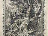 un vieux dessin en noir et blanc représentant un homme nu dans un environnement boisé