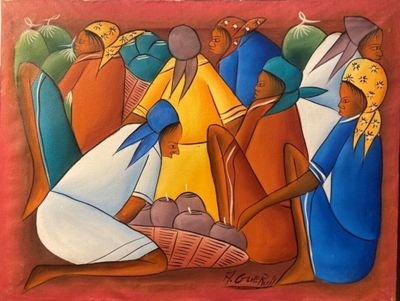 an oil painting of a group of people standing around a basket
