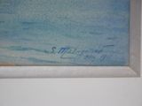 a painting on the wall of a room that has a picture of a man on a surfboard in the water