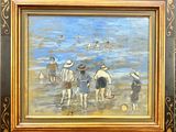 painting of a group of people standing on a beach with a boat in the background