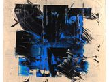 tableau représentant une composition abstraite bleue et noire sur fond blanc